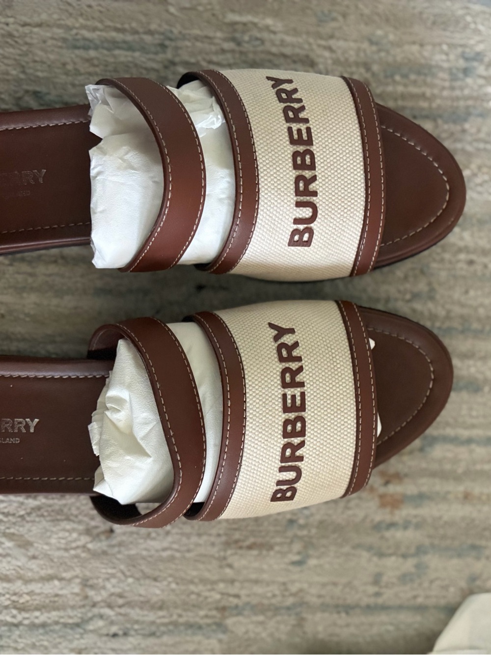 Burberry Cream Canvas Slides with Brown Leather Trim - Picture 5 of 6